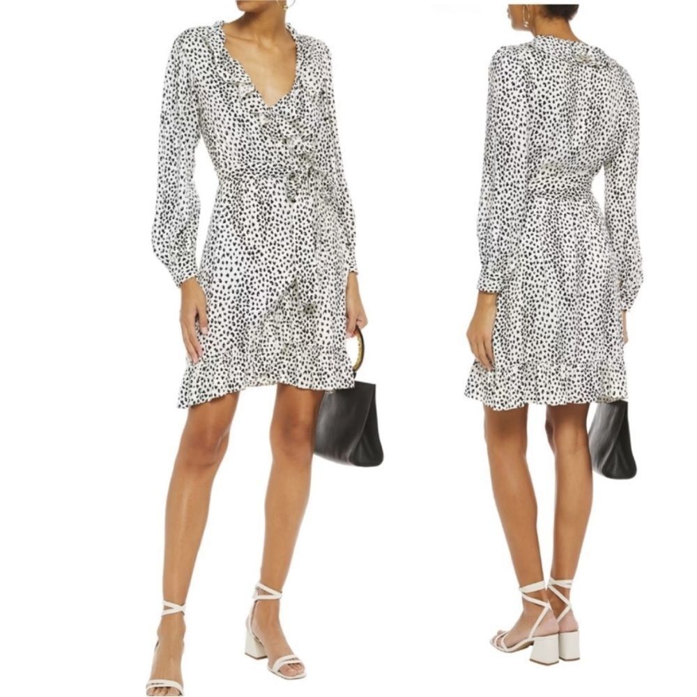 Maje Black and White Wrap Mini Dress with Bishop Sleeves
